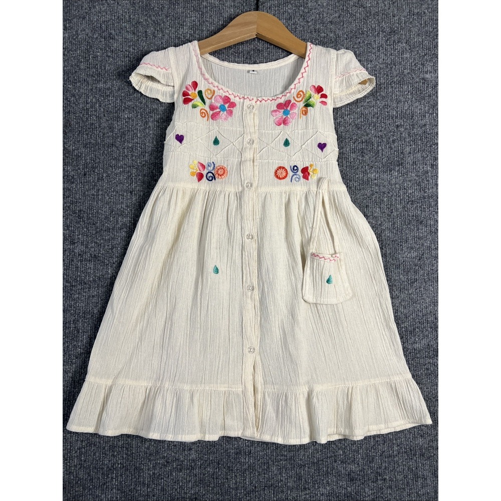 Girls size 6 cream Embriodered Peasant Dress Boho Mexican‎ Style Folk Handmade